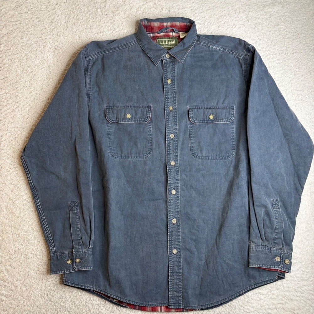 LL Bean Mens Flannel Lined Hurricane shirt Jacket Blue Plaid L Reg OMS96